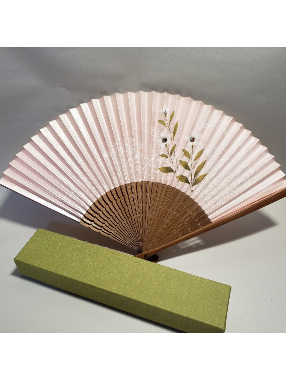 Japanese Traditional Folding Fan Sensu New in Box Pink with Flowers Bamboo Frame